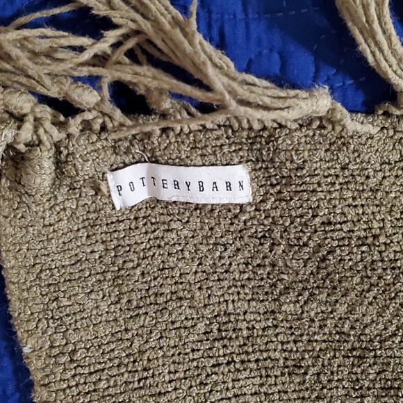 Pottery Barn Nubby Chenille Throw Olive Green Fringe 58x50 Sofa Chair Blanket - Picture 6 of 13